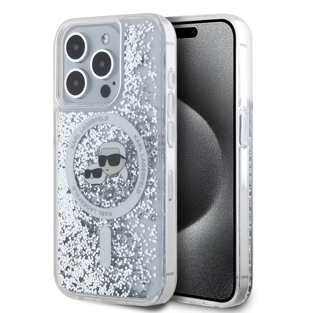 Coque MagSafe pour Apple iPhone 15 Pro, Karl Lagerfeld, Liquid Glitter Karl & Choupette's Heads, Transparente