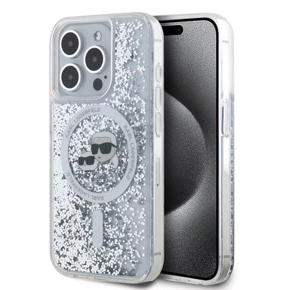 Coque MagSafe pour Apple iPhone 15 Pro, Karl Lagerfeld, Liquid Glitter Karl & Choupette's Heads, Transparente