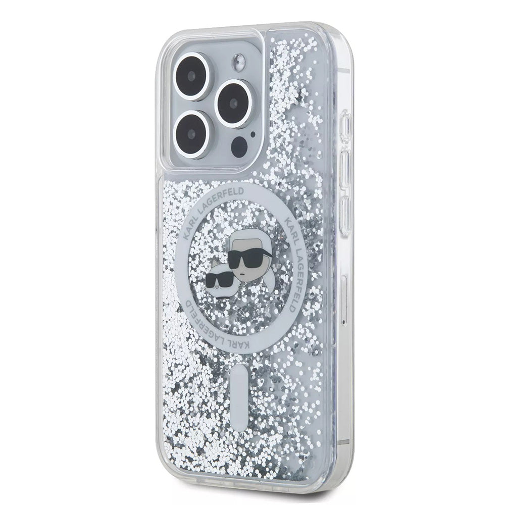 Coque MagSafe pour Apple iPhone 15 Pro, Karl Lagerfeld, Liquid Glitter Karl & Choupette's Heads, Transparente