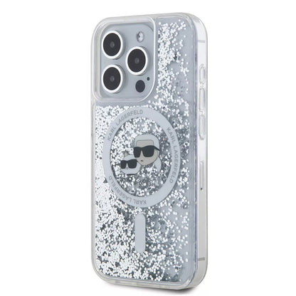 Coque MagSafe pour Apple iPhone 15 Pro, Karl Lagerfeld, Liquid Glitter Karl & Choupette's Heads, Transparente