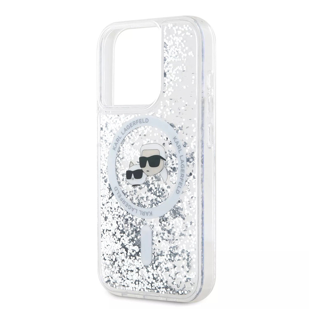 Coque MagSafe pour Apple iPhone 15 Pro, Karl Lagerfeld, Liquid Glitter Karl & Choupette's Heads, Transparente