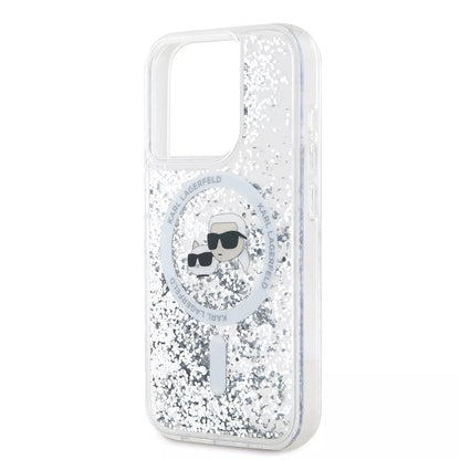 Coque MagSafe pour Apple iPhone 15 Pro, Karl Lagerfeld, Liquid Glitter Karl & Choupette's Heads, Transparente
