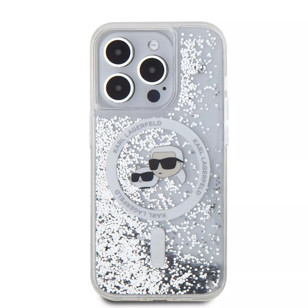 Coque MagSafe pour Apple iPhone 15 Pro, Karl Lagerfeld, Liquid Glitter Karl & Choupette's Heads, Transparente