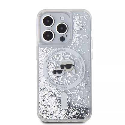 Coque MagSafe pour Apple iPhone 15 Pro, Karl Lagerfeld, Liquid Glitter Karl & Choupette's Heads, Transparente