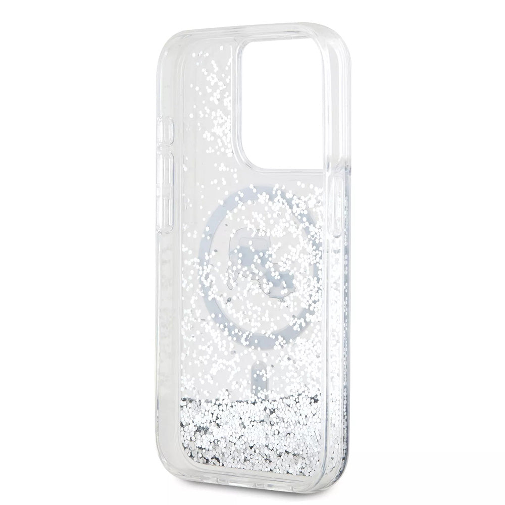 Coque MagSafe pour Apple iPhone 15 Pro, Karl Lagerfeld, Liquid Glitter Karl & Choupette's Heads, Transparente