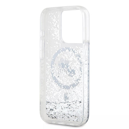 Coque MagSafe pour Apple iPhone 15 Pro, Karl Lagerfeld, Liquid Glitter Karl & Choupette's Heads, Transparente