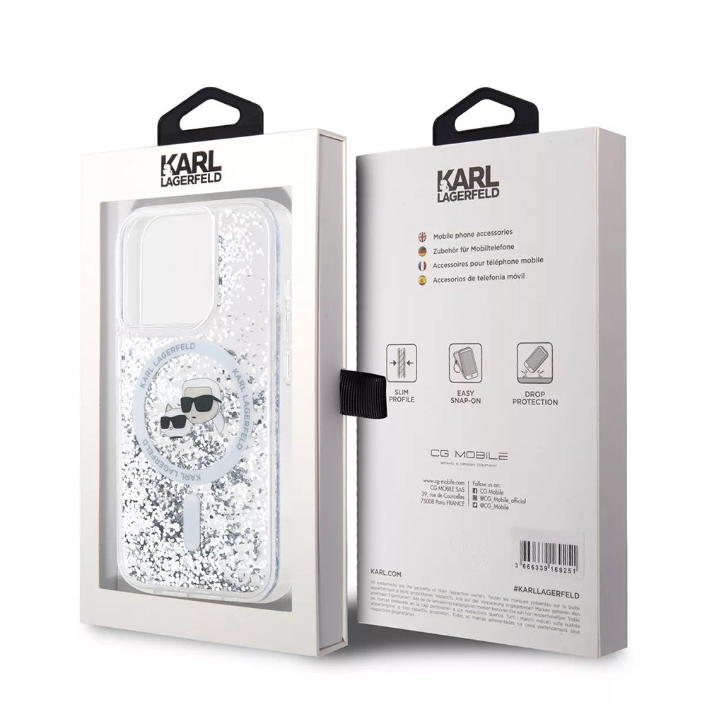Coque MagSafe pour Apple iPhone 15 Pro, Karl Lagerfeld, Liquid Glitter Karl & Choupette's Heads, Transparente