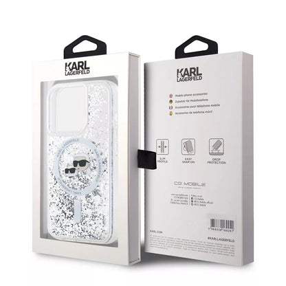 Coque MagSafe pour Apple iPhone 15 Pro, Karl Lagerfeld, Liquid Glitter Karl & Choupette's Heads, Transparente