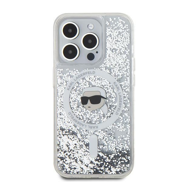 Coque MagSafe pour Apple iPhone 15 Pro, Karl Lagerfeld, Liquid Glitter Karl's Head, Transparente