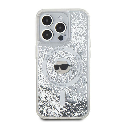 Coque MagSafe pour Apple iPhone 15 Pro, Karl Lagerfeld, Liquid Glitter Karl's Head, Transparente