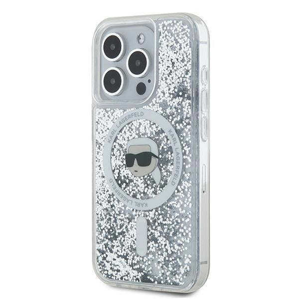 Coque MagSafe pour Apple iPhone 15 Pro, Karl Lagerfeld, Liquid Glitter Karl's Head, Transparente