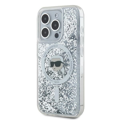 Coque MagSafe pour Apple iPhone 15 Pro, Karl Lagerfeld, Liquid Glitter Karl's Head, Transparente