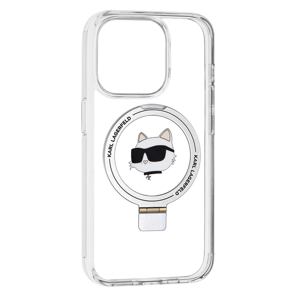Coque MagSafe pour Apple iPhone 15 Pro, Karl Lagerfeld, Ring Stand Choupette's Head, Blanche