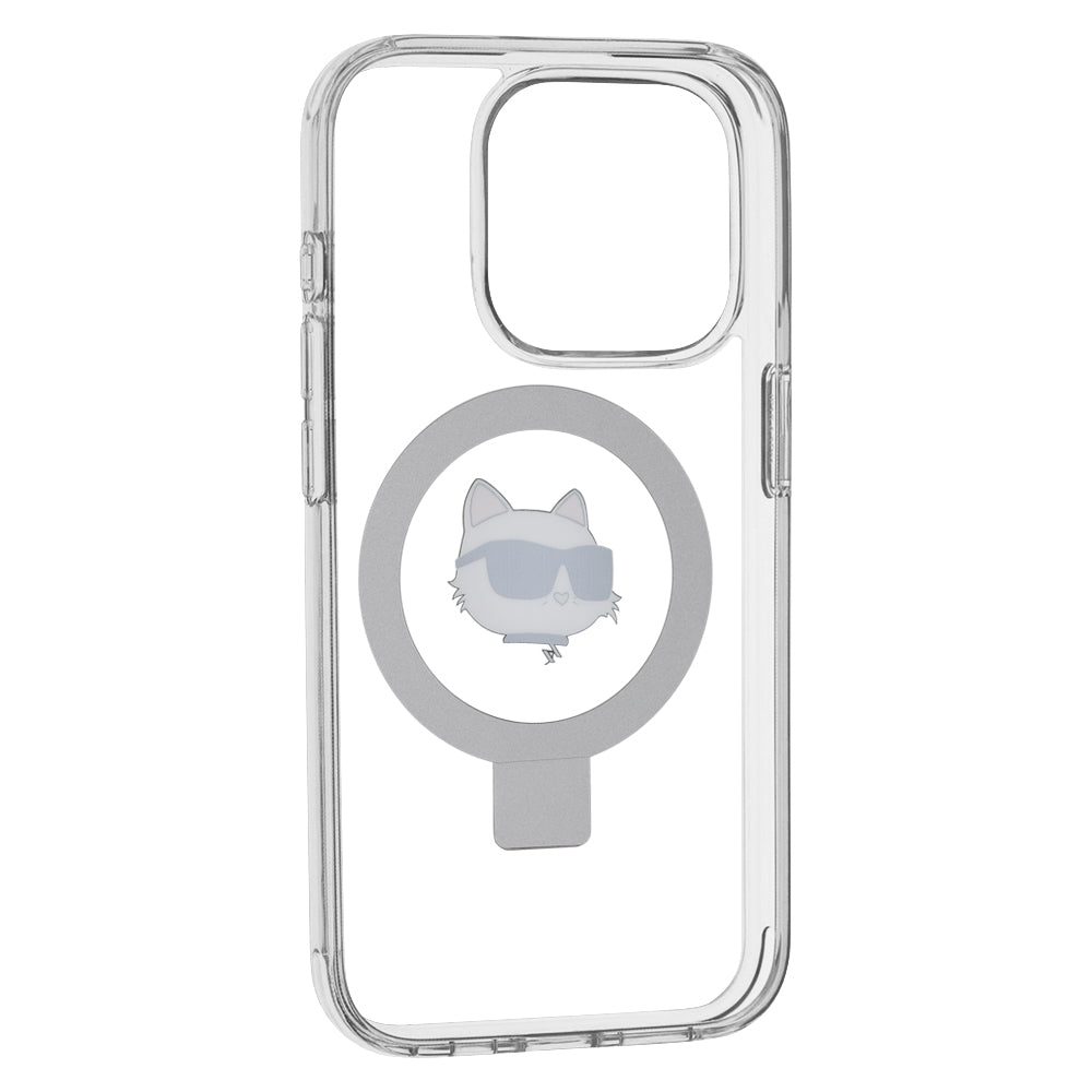 Coque MagSafe pour Apple iPhone 15 Pro, Karl Lagerfeld, Ring Stand Choupette's Head, Blanche