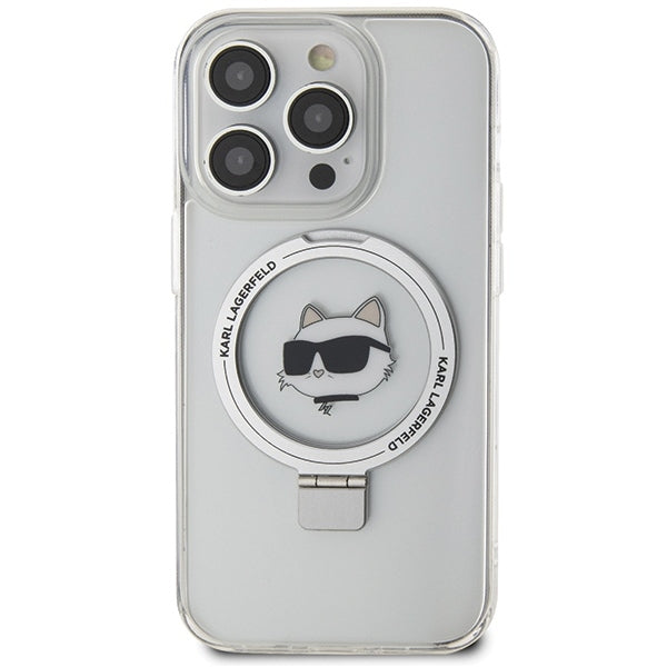 Coque MagSafe pour Apple iPhone 15 Pro, Karl Lagerfeld, Ring Stand Choupette's Head, Blanche