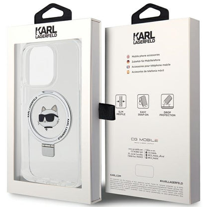 Coque MagSafe pour Apple iPhone 15 Pro, Karl Lagerfeld, Ring Stand Choupette's Head, Blanche