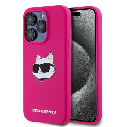 Coque MagSafe pour Apple iPhone 15 Pro, Karl Lagerfeld, Silicone Tête de Choupette, Fuchsia