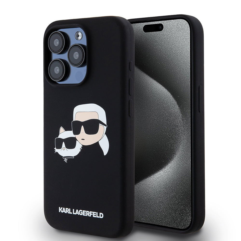Coque MagSafe pour Apple iPhone 15 Pro, Karl Lagerfeld, Silicone Karl & Choupette's Heads, Noire