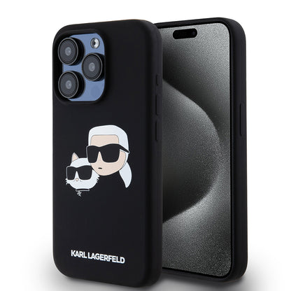 Coque MagSafe pour Apple iPhone 15 Pro, Karl Lagerfeld, Silicone Karl & Choupette's Heads, Noire