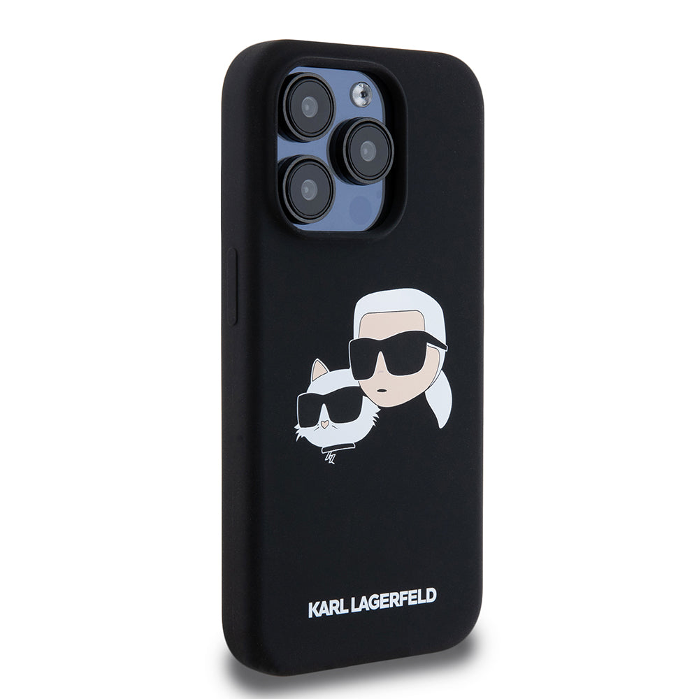 Coque MagSafe pour Apple iPhone 15 Pro, Karl Lagerfeld, Silicone Karl & Choupette's Heads, Noire