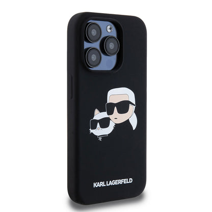 Coque MagSafe pour Apple iPhone 15 Pro, Karl Lagerfeld, Silicone Karl & Choupette's Heads, Noire