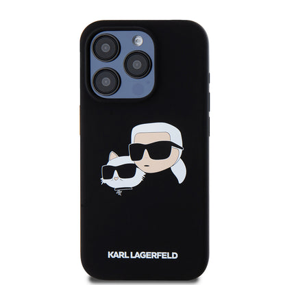 Coque MagSafe pour Apple iPhone 15 Pro, Karl Lagerfeld, Silicone Karl & Choupette's Heads, Noire