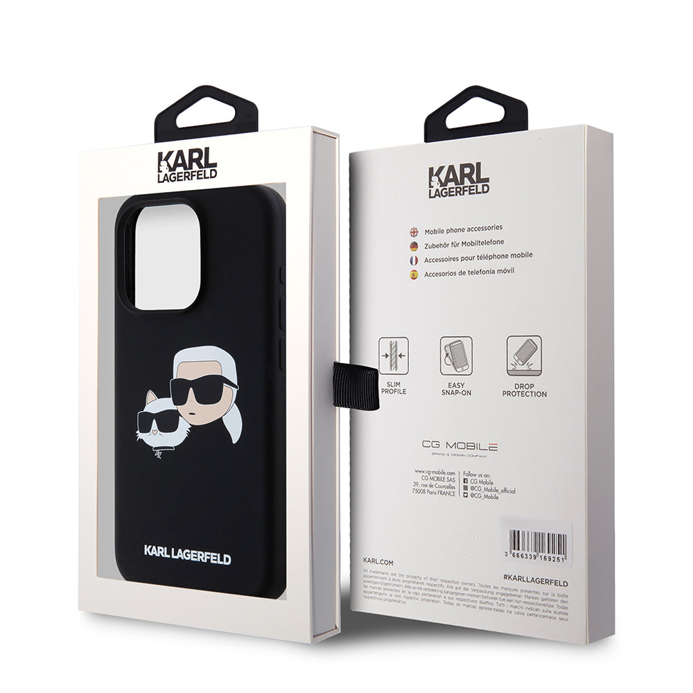 Coque MagSafe pour Apple iPhone 15 Pro, Karl Lagerfeld, Silicone Karl & Choupette's Heads, Noire