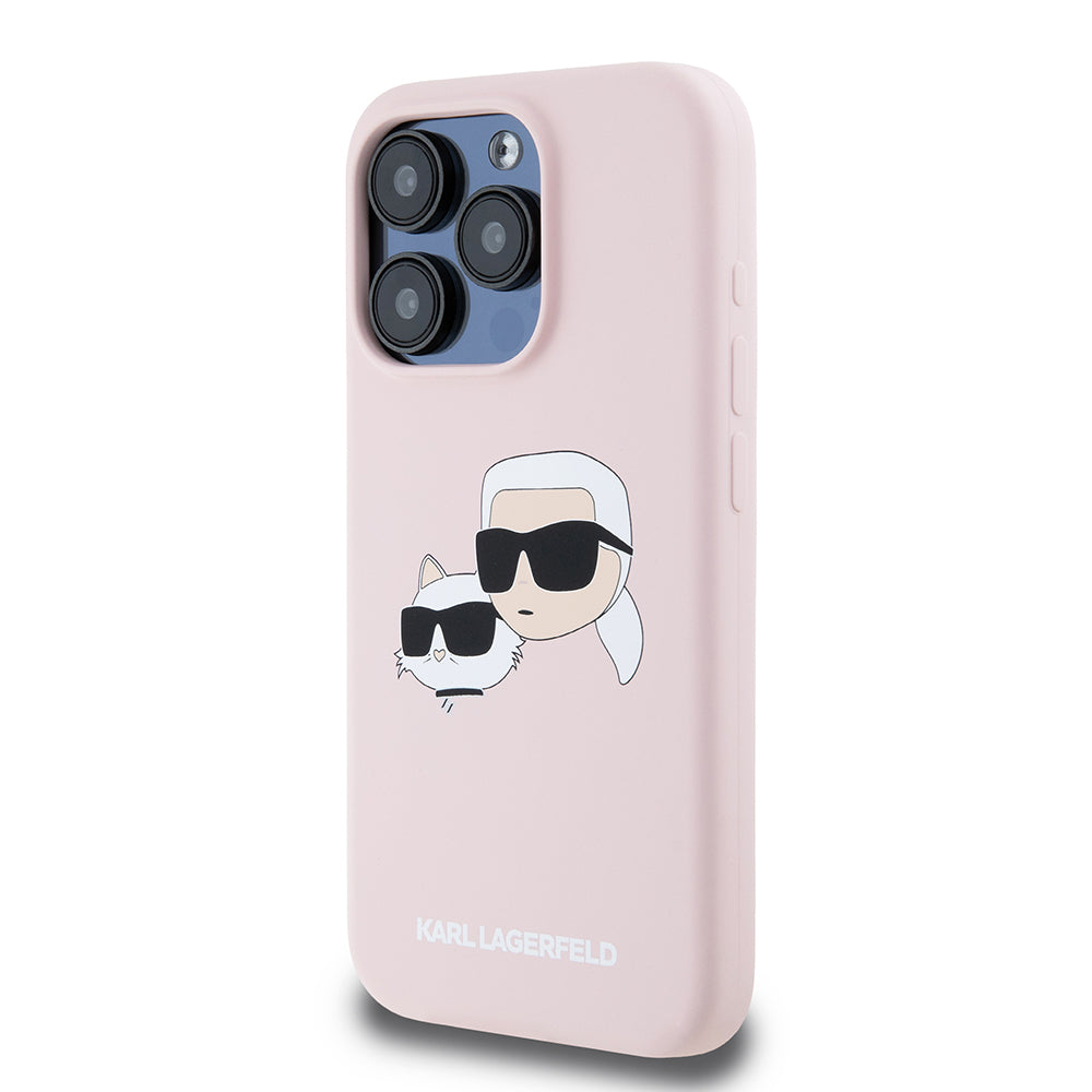 Coque MagSafe pour Apple iPhone 15 Pro, Karl Lagerfeld, Silicone Karl & Choupette's Heads, Rose