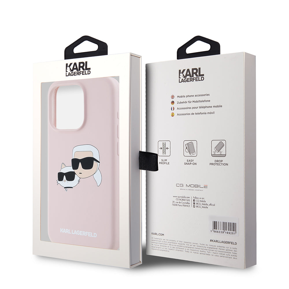 Coque MagSafe pour Apple iPhone 15 Pro, Karl Lagerfeld, Silicone Karl & Choupette's Heads, Rose