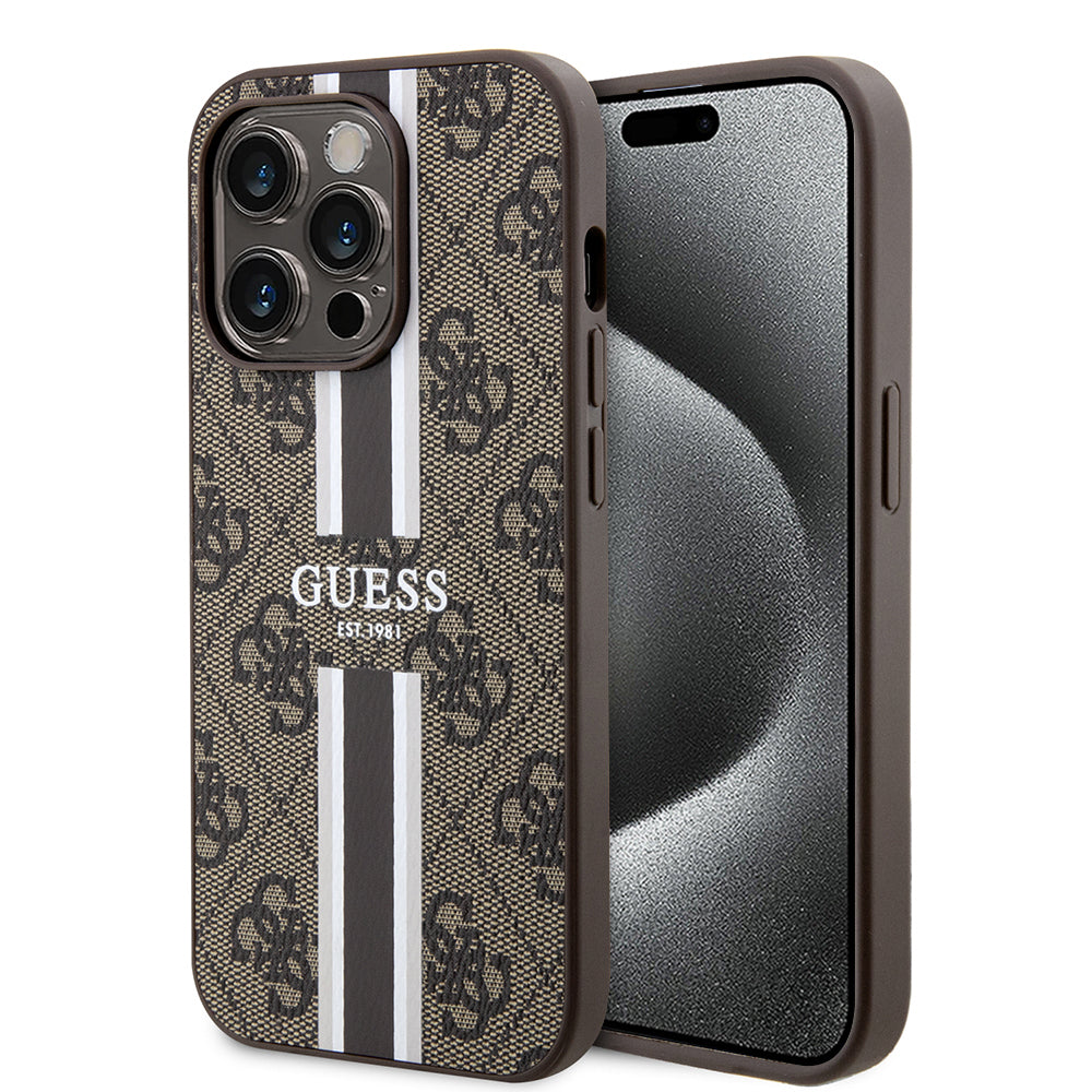 Étui MagSafe pour Apple iPhone 15 Pro Max, Guess, 4G Printed Stripes, Marron