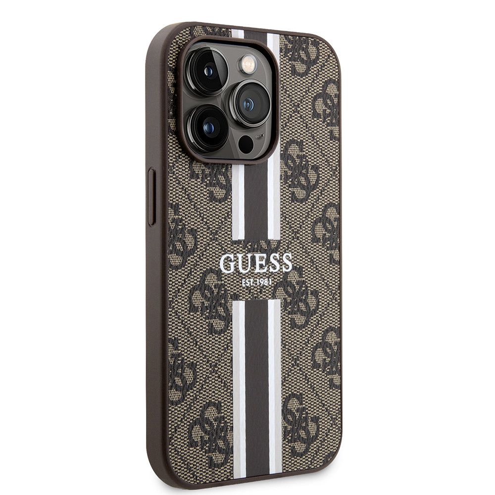 Étui MagSafe pour Apple iPhone 15 Pro Max, Guess, 4G Printed Stripes, Marron