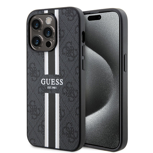 Étui MagSafe pour Apple iPhone 15 Pro Max, Guess, 4G Printed Stripes, Noir