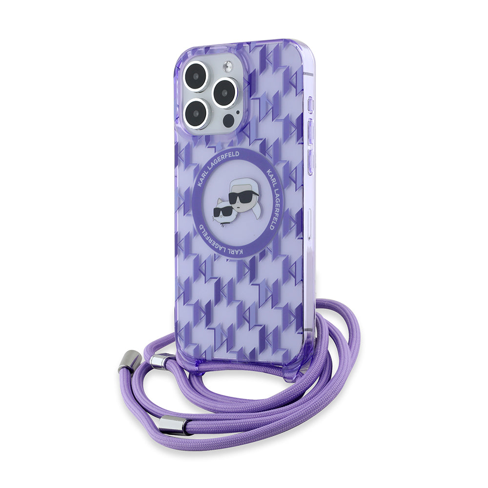 Étui MagSafe pour Apple iPhone 15 Pro Max, Karl Lagerfeld, IML Crossbody Monogram Karl & Choupette's Heads, Violet