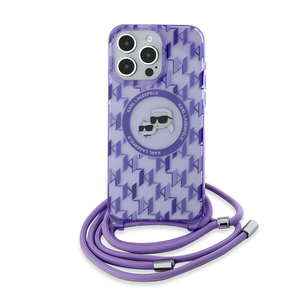Étui MagSafe pour Apple iPhone 15 Pro Max, Karl Lagerfeld, IML Crossbody Monogram Karl & Choupette's Heads, Violet