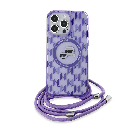 MagSafe Case for Apple iPhone 15 Pro Max, Karl Lagerfeld, IML Crossbody Monogram Karl & Choupette's Heads, Purple