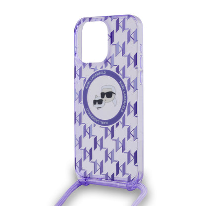 Étui MagSafe pour Apple iPhone 15 Pro Max, Karl Lagerfeld, IML Crossbody Monogram Karl & Choupette's Heads, Violet