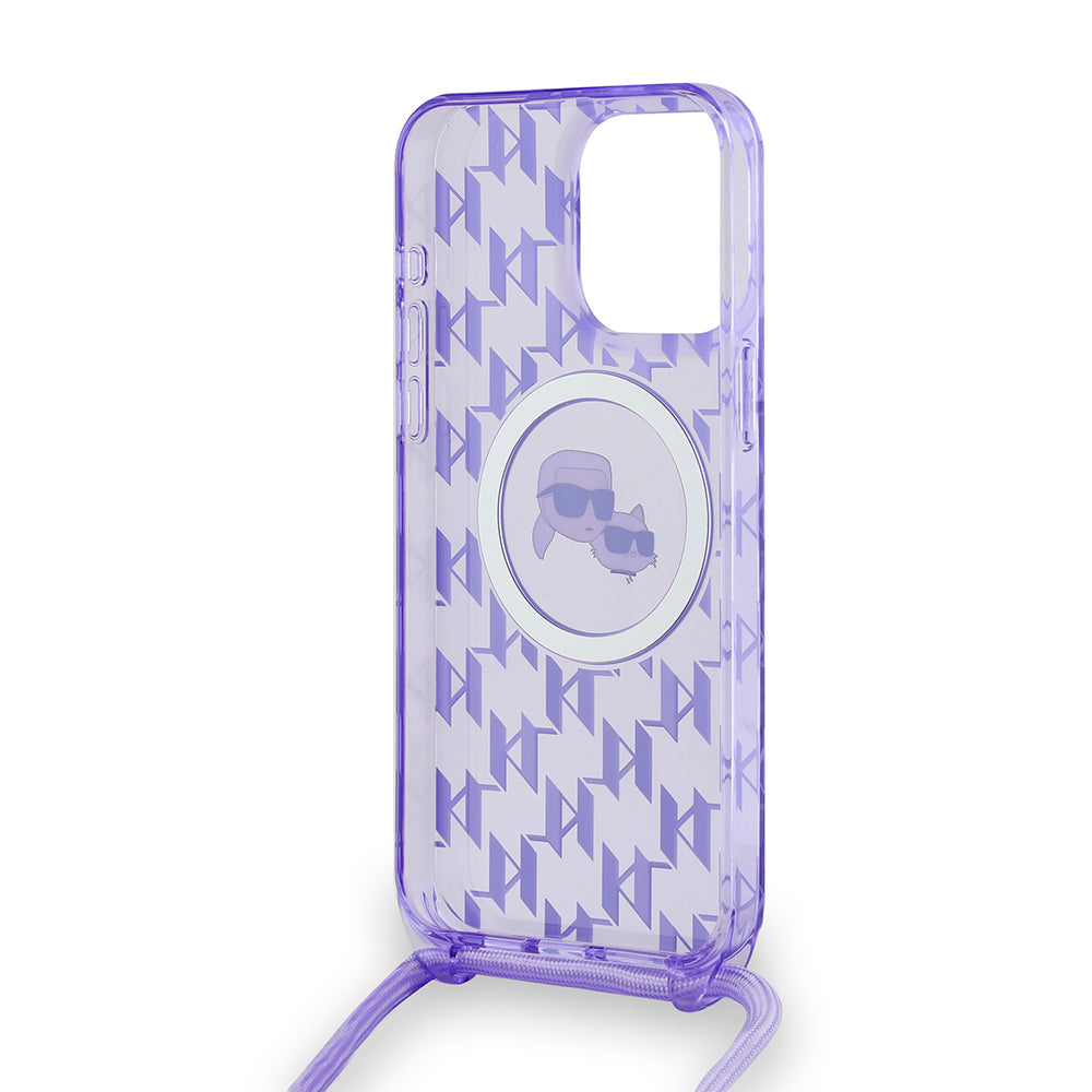 Étui MagSafe pour Apple iPhone 15 Pro Max, Karl Lagerfeld, IML Crossbody Monogram Karl & Choupette's Heads, Violet