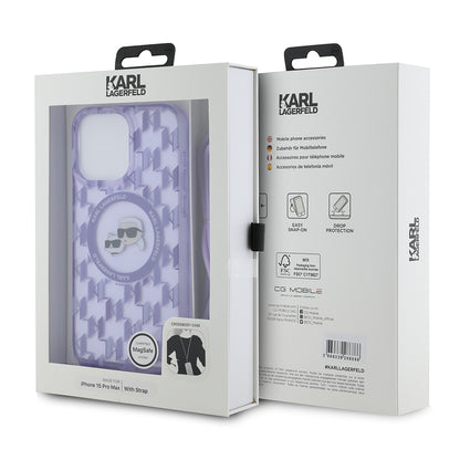 Étui MagSafe pour Apple iPhone 15 Pro Max, Karl Lagerfeld, IML Crossbody Monogram Karl & Choupette's Heads, Violet
