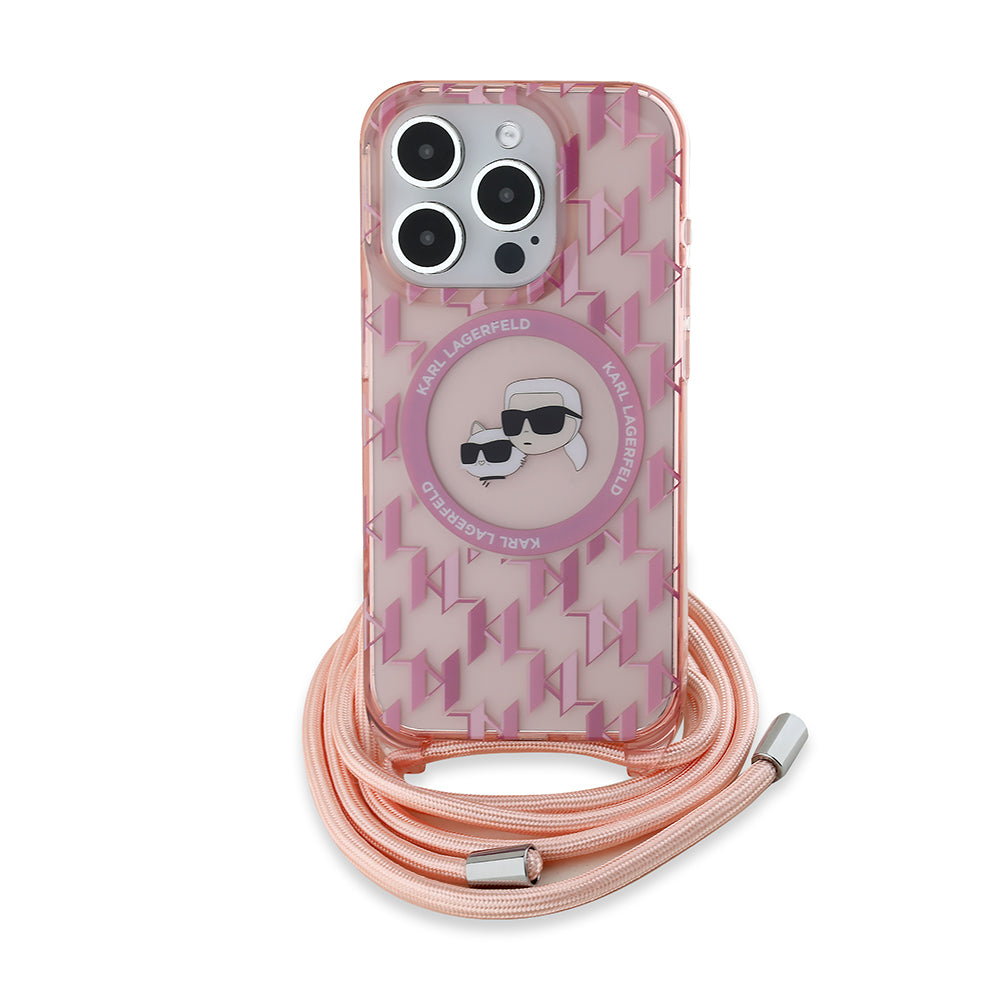 MagSafe Case for Apple iPhone 15 Pro Max, Karl Lagerfeld, IML Crossbody Monogram Karl & Choupette's Heads, Pink