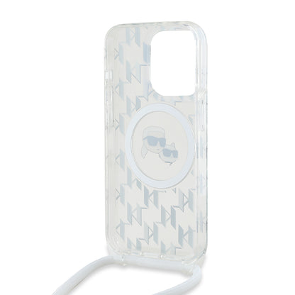 MagSafe Case for Apple iPhone 15 Pro Max, Karl Lagerfeld, IML Crossbody Monogram Karl & Choupette's Heads, Transparent