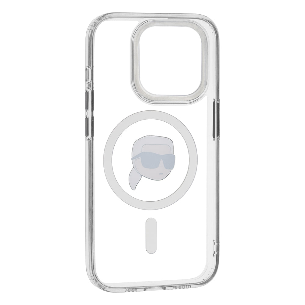 Housse MagSafe pour Apple iPhone 15 Pro Max, Karl Lagerfeld, IML Metal Karl's Head, Blanche