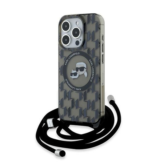 Étui MagSafe pour Apple iPhone 15 Pro Max, Karl Lagerfeld, IML Crossbody Monogram Karl & Choupette's Heads, Noir.