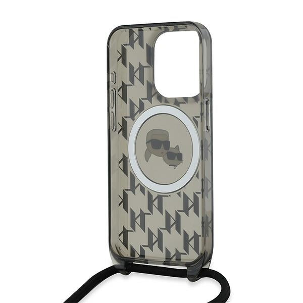 Étui MagSafe pour Apple iPhone 15 Pro Max, Karl Lagerfeld, IML Crossbody Monogram Karl & Choupette's Heads, Noir.