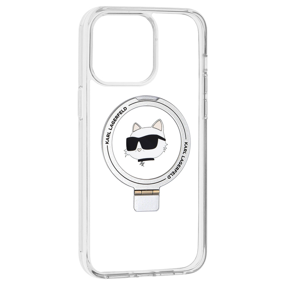 Coque MagSafe pour Apple iPhone 15 Pro Max, Karl Lagerfeld, Ring Stand Choupette's Head, Blanche