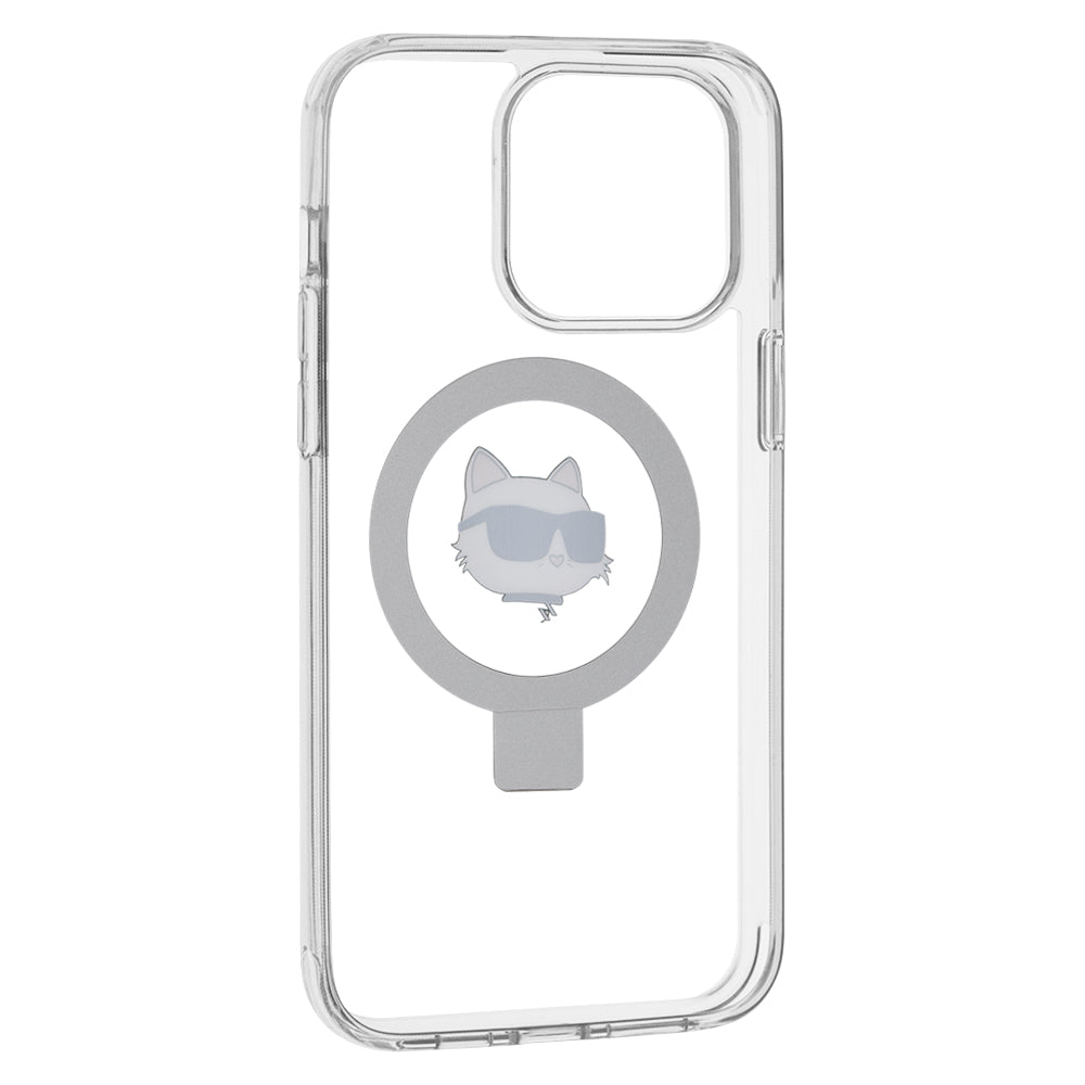 Coque MagSafe pour Apple iPhone 15 Pro Max, Karl Lagerfeld, Ring Stand Choupette's Head, Blanche