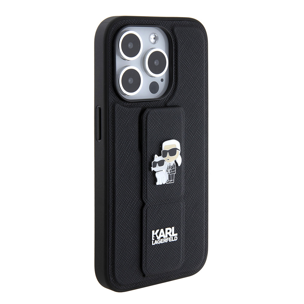Étui MagSafe pour Apple iPhone 15 Pro Max, Karl Lagerfeld, Saffiano Gripstand Karl & Choupette, Noir