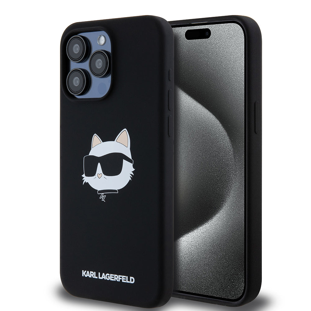 Étui MagSafe pour Apple iPhone 15 Pro Max, Karl Lagerfeld, Silicone Tête de Choupette, Noir