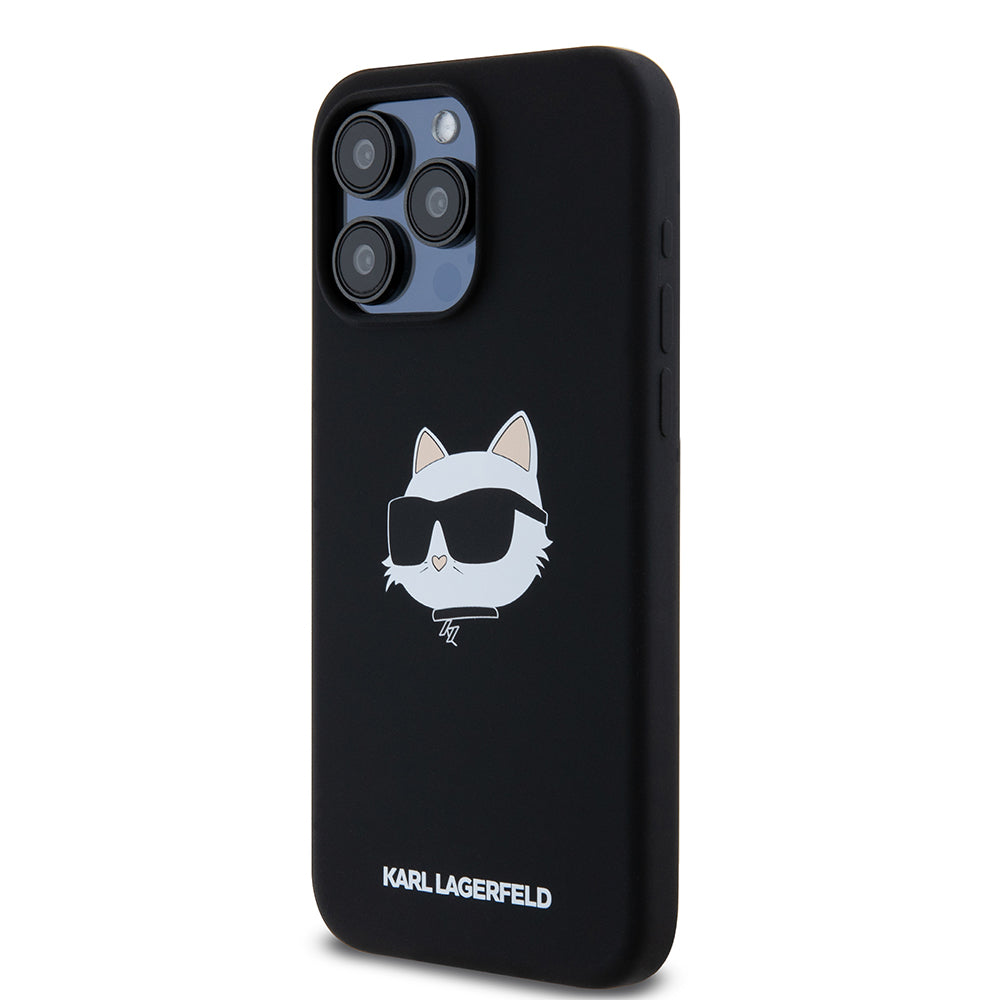 Étui MagSafe pour Apple iPhone 15 Pro Max, Karl Lagerfeld, Silicone Tête de Choupette, Noir