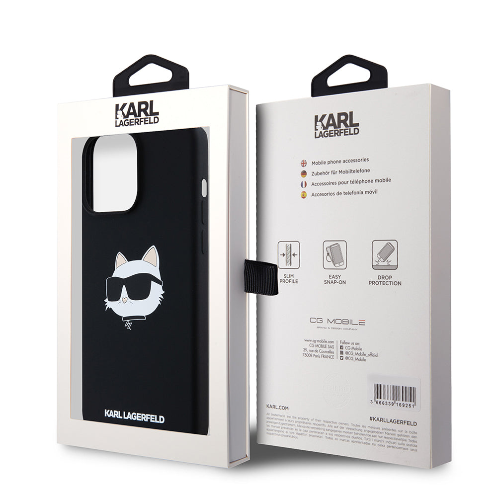 Étui MagSafe pour Apple iPhone 15 Pro Max, Karl Lagerfeld, Silicone Tête de Choupette, Noir
