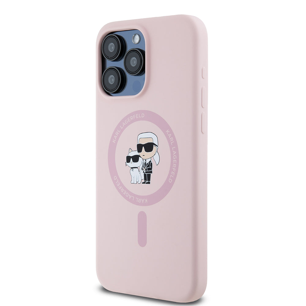 Coque MagSafe pour Apple iPhone 15 Pro Max, Karl Lagerfeld, Anneau en Silicone Karl & Choupette, Rose